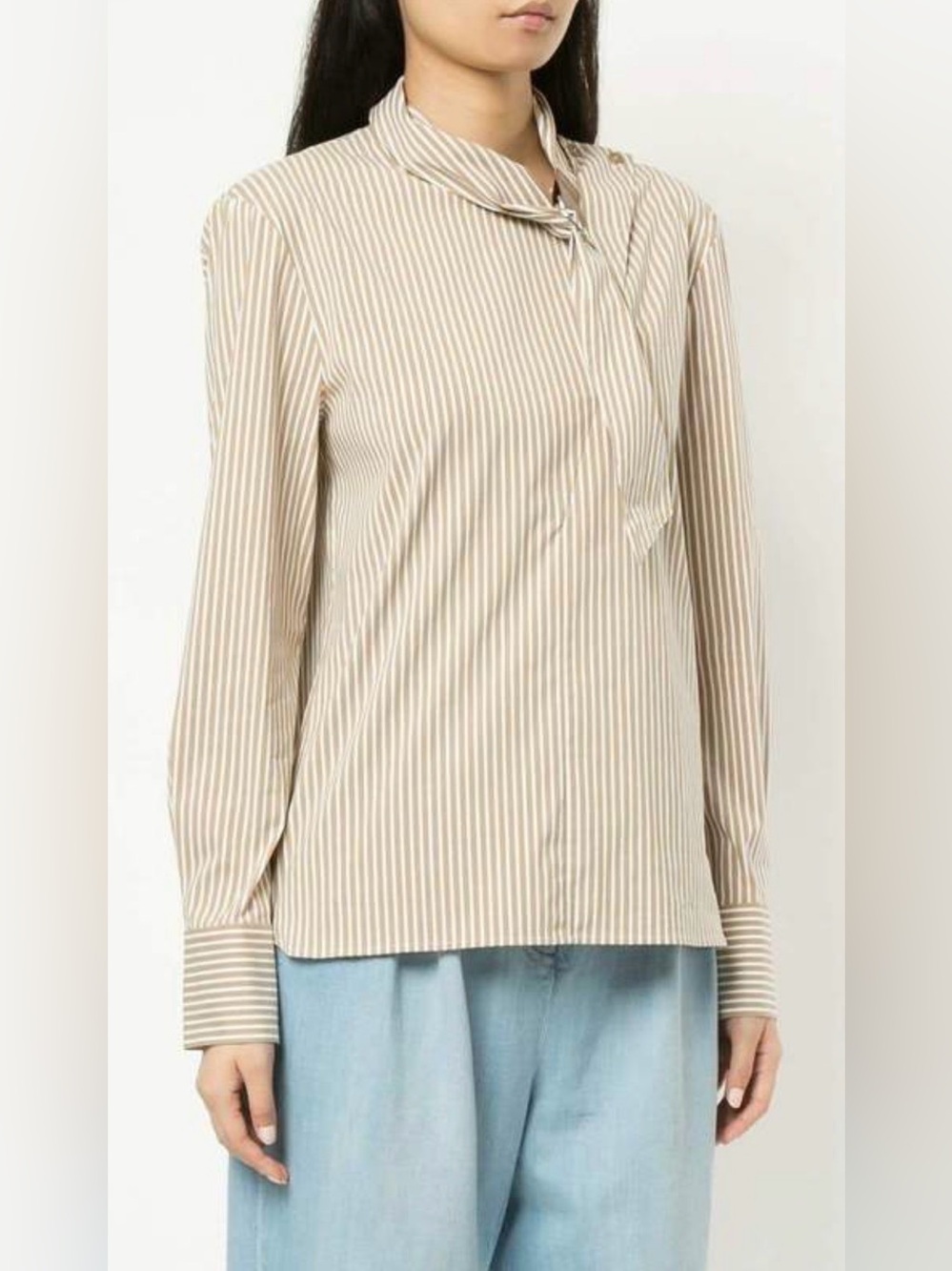 TIBI Kaia Stripe Asymmetric Tie Blouse